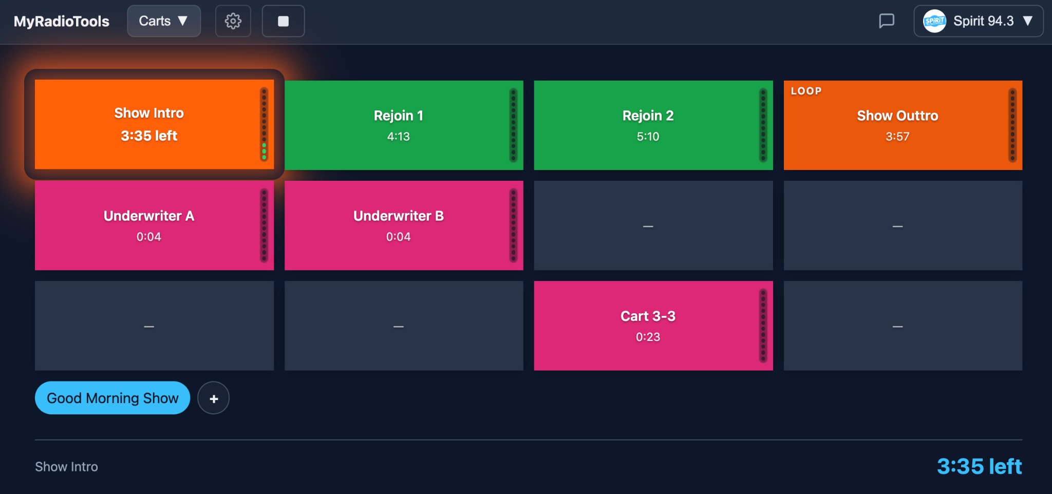 Carts app: grid of audio carts with playing indicator, time remaining, VU meter, and color-coded labels